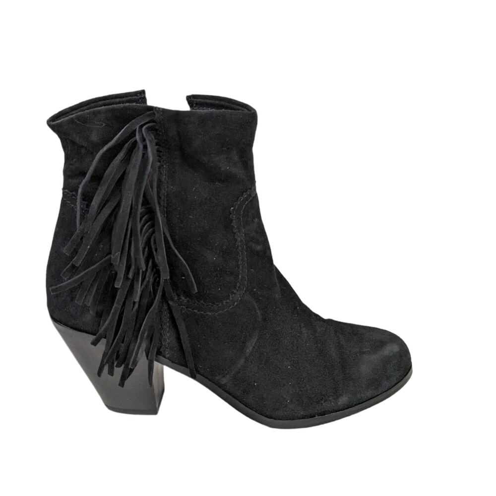 Sam Edelman Louie Boots 10 Black Suede Leather Fringe Zip Up Heels Booties